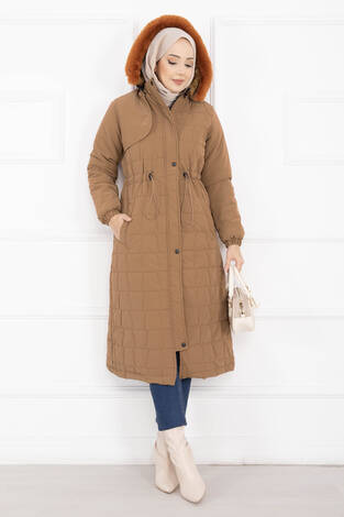 Kürk Kapüşonlu Beli Bağcıklı Nova Kaban Taba - Thumbnail