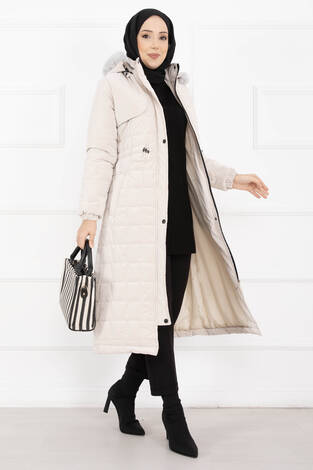 Kürk Kapüşonlu Beli Bağcıklı Nova Kaban Taş - Thumbnail