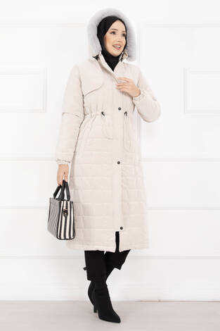 Kürk Kapüşonlu Beli Bağcıklı Nova Kaban Taş - Thumbnail