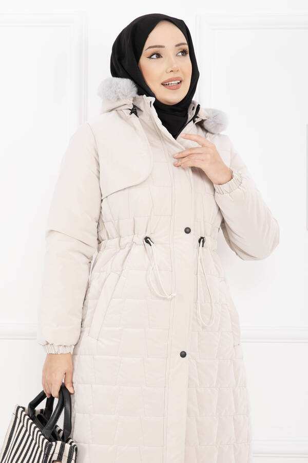 Hsm - Kürk Kapüşonlu Beli Bağcıklı Nova Kaban Taş (1)