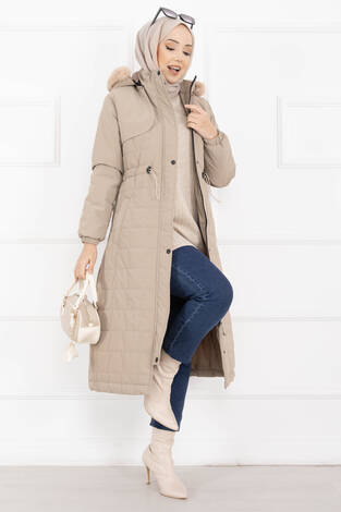 Kürk Kapüşonlu Beli Bağcıklı Nova Kaban Vizon - Thumbnail