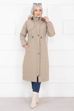 Kürk Kapüşonlu Beli Bağcıklı Nova Kaban Vizon - Thumbnail