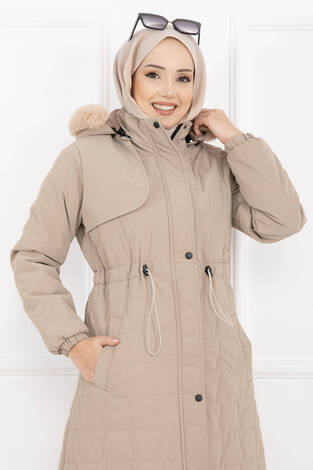 Kürk Kapüşonlu Beli Bağcıklı Nova Kaban Vizon - Thumbnail