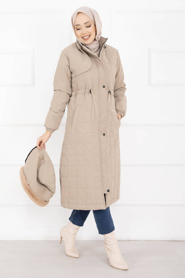 Hsm - Kürk Kapüşonlu Beli Bağcıklı Nova Kaban Vizon