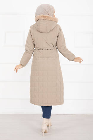 Kürk Kapüşonlu Beli Bağcıklı Nova Kaban Vizon - Thumbnail