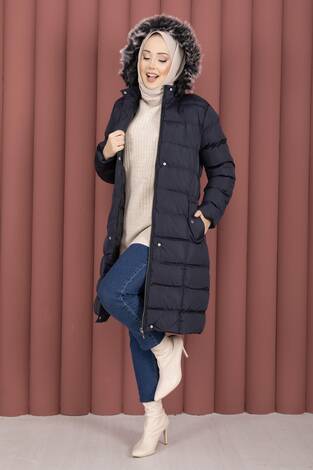 Kürk Kapüşonlu Çıtçıt Detaylı Şişme Mont Lacivert - Thumbnail