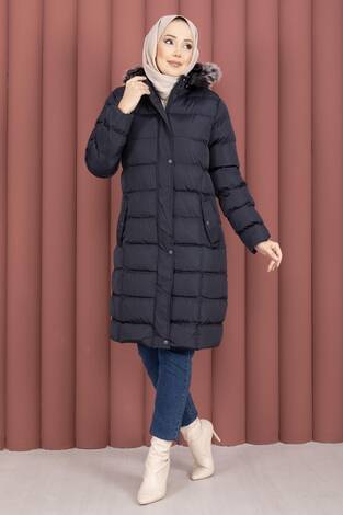 Kürk Kapüşonlu Çıtçıt Detaylı Şişme Mont Lacivert - Thumbnail