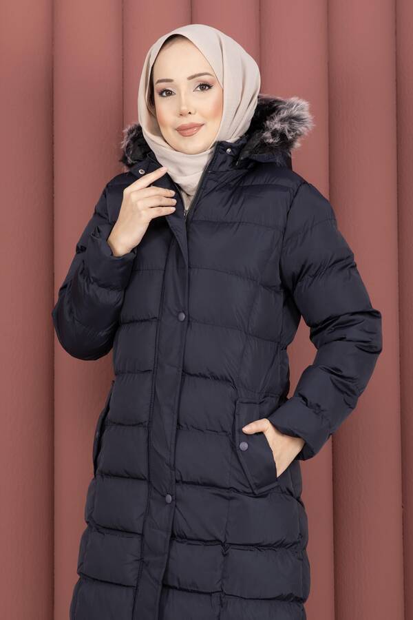 Hsm - Kürk Kapüşonlu Çıtçıt Detaylı Şişme Mont Lacivert (1)