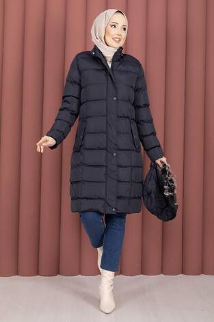 Kürk Kapüşonlu Çıtçıt Detaylı Şişme Mont Lacivert - Thumbnail