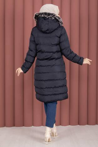 Kürk Kapüşonlu Çıtçıt Detaylı Şişme Mont Lacivert - Thumbnail