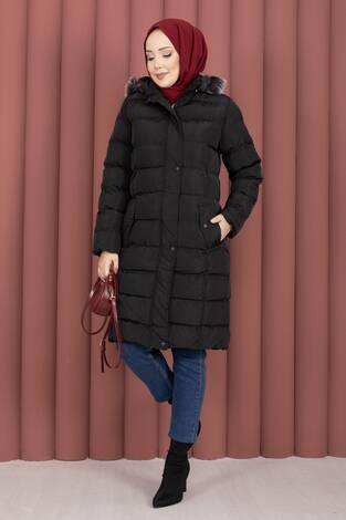 Kürk Kapüşonlu Çıtçıt Detaylı Şişme Mont Siyah - Thumbnail