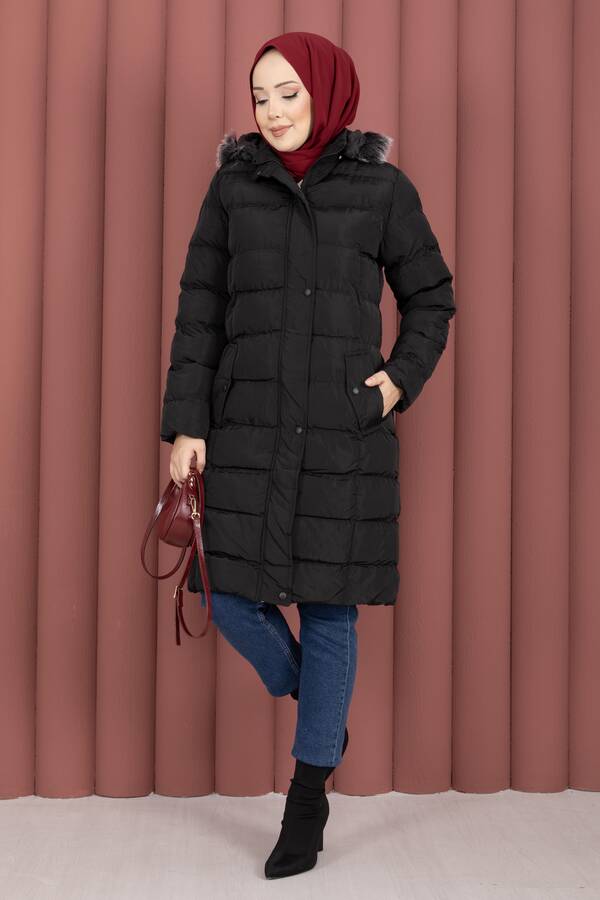 Hsm - Kürk Kapüşonlu Çıtçıt Detaylı Şişme Mont Siyah