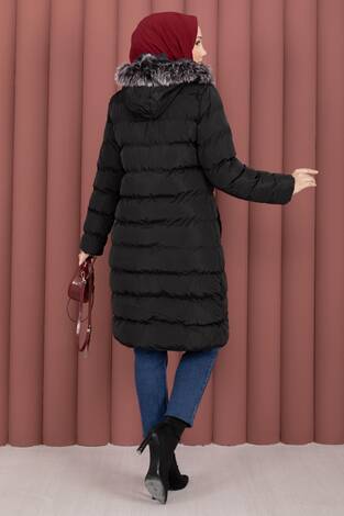 Kürk Kapüşonlu Çıtçıt Detaylı Şişme Mont Siyah - Thumbnail