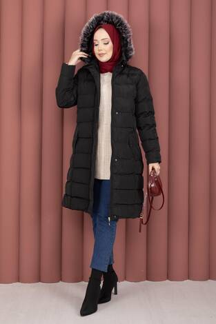 Kürk Kapüşonlu Çıtçıt Detaylı Şişme Mont Siyah - Thumbnail