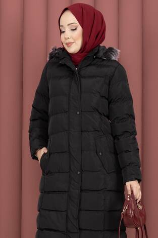 Kürk Kapüşonlu Çıtçıt Detaylı Şişme Mont Siyah - Thumbnail