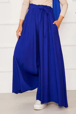 Kuşak Detaylı Etek Pantolon Saks - Thumbnail