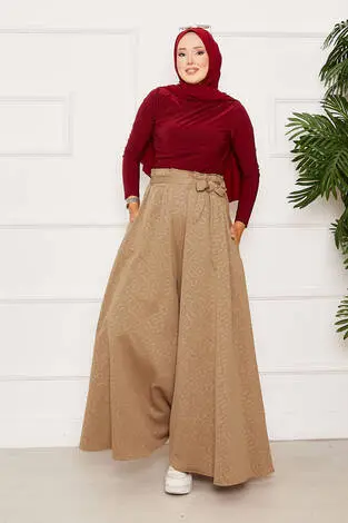 Kuşak Detaylı Jakar Etek Pantolon Camel - Thumbnail
