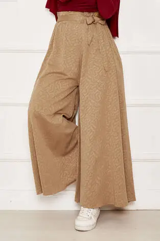 Kuşak Detaylı Jakar Etek Pantolon Camel - Thumbnail