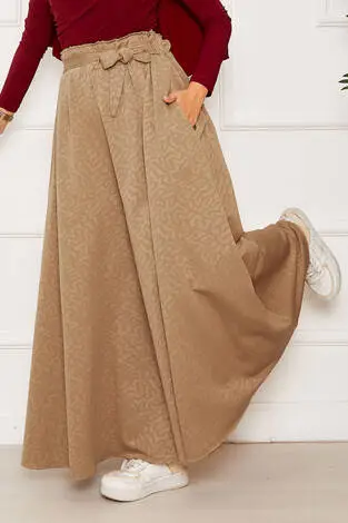 Kuşak Detaylı Jakar Etek Pantolon Camel - Thumbnail