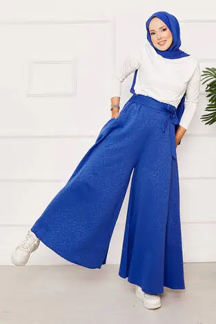 Kuşak Detaylı Jakar Etek Pantolon Saks - Thumbnail