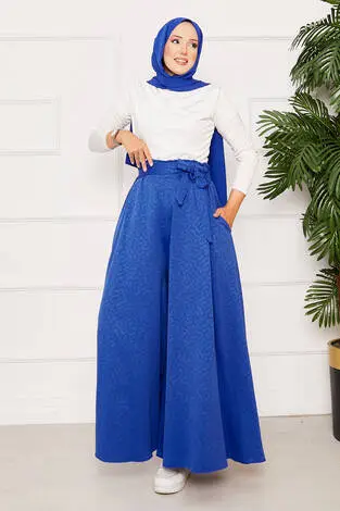 Kuşak Detaylı Jakar Etek Pantolon Saks - Thumbnail