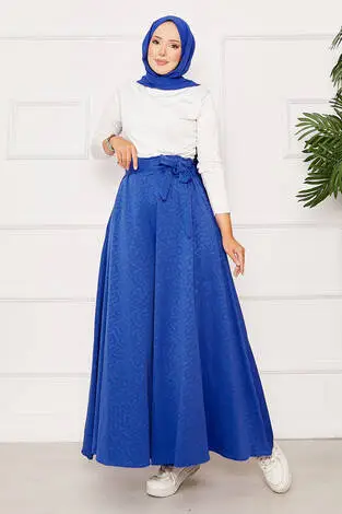 Kuşak Detaylı Jakar Etek Pantolon Saks - Thumbnail