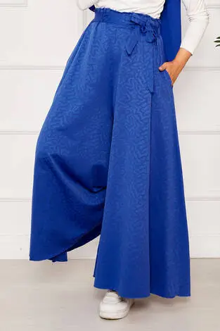 Kuşak Detaylı Jakar Etek Pantolon Saks - Thumbnail