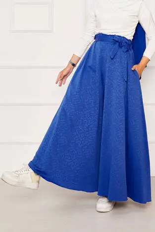 Kuşak Detaylı Jakar Etek Pantolon Saks - Thumbnail