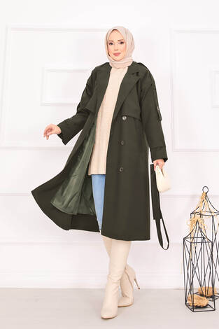 Kuşak Detaylı Omuz Apoletli Trençkot Haki - Thumbnail