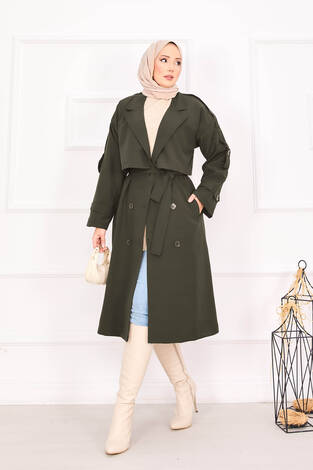 Kuşak Detaylı Omuz Apoletli Trençkot Haki - Thumbnail