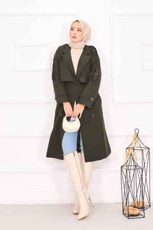 Kuşak Detaylı Omuz Apoletli Trençkot Haki - Thumbnail