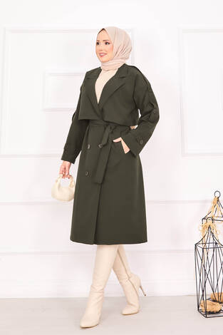 Kuşak Detaylı Omuz Apoletli Trençkot Haki - Thumbnail