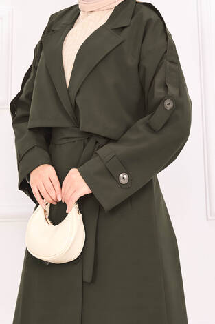 Kuşak Detaylı Omuz Apoletli Trençkot Haki - Thumbnail