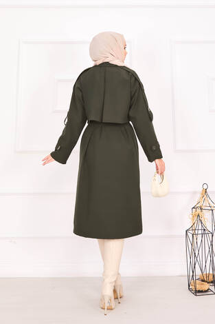 Kuşak Detaylı Omuz Apoletli Trençkot Haki - Thumbnail