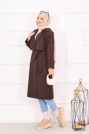 Kuşak Detaylı Omuz Apoletli Trençkot Kahve - Thumbnail