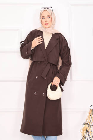 Kuşak Detaylı Omuz Apoletli Trençkot Kahve - Thumbnail
