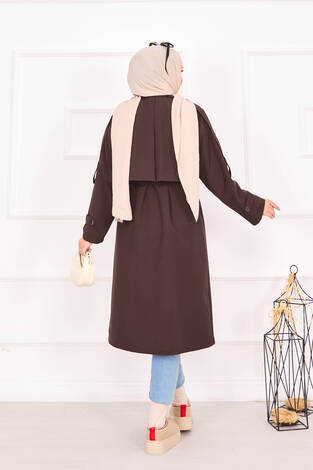 Kuşak Detaylı Omuz Apoletli Trençkot Kahve - Thumbnail