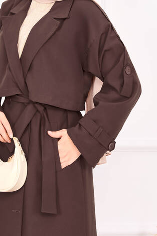 Kuşak Detaylı Omuz Apoletli Trençkot Kahve - Thumbnail