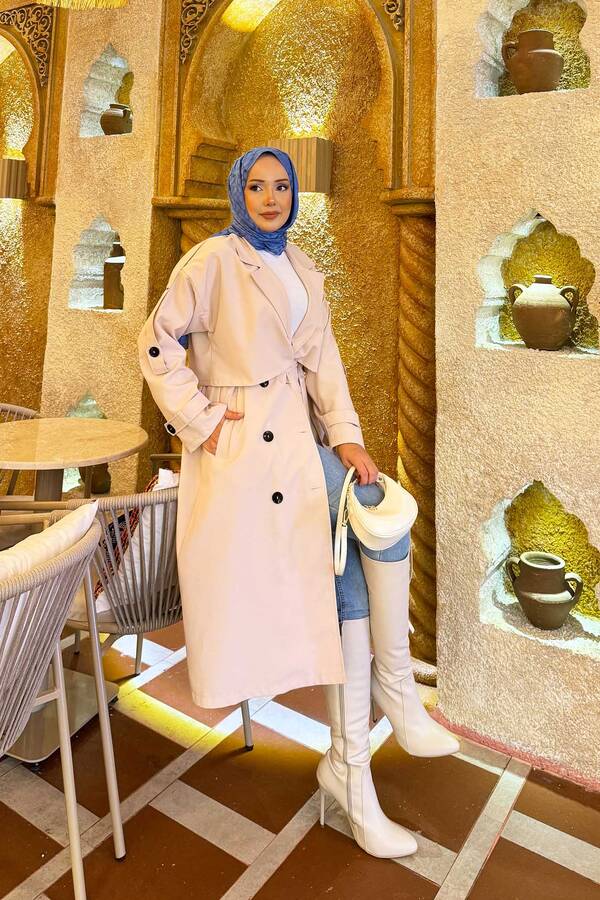 Kuşak Detaylı Omuz Apoletli Trençkot Krem - 9