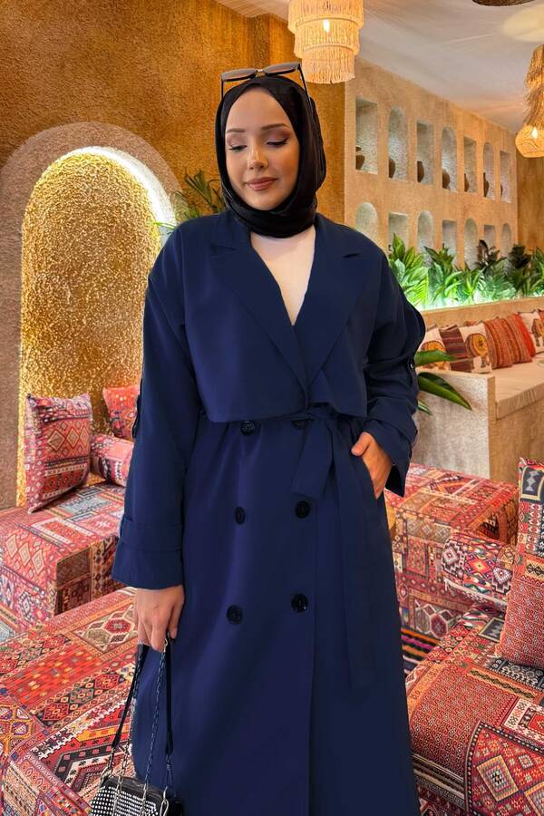 MD - Kuşak Detaylı Omuz Apoletli Trençkot Lacivert (1)