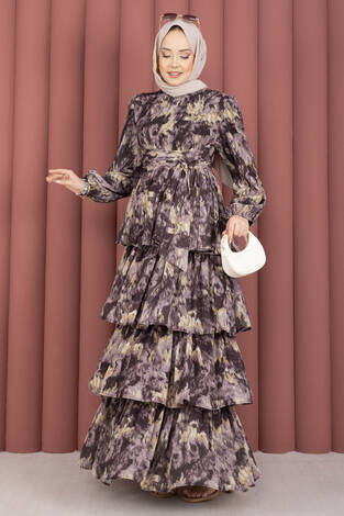 Kuşak Detaylı Yoryo Şifon Elbise Kahve - Thumbnail