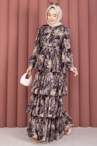 Kuşak Detaylı Yoryo Şifon Elbise Kahve - Thumbnail