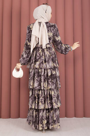 Kuşak Detaylı Yoryo Şifon Elbise Kahve - Thumbnail