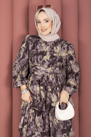 Kuşak Detaylı Yoryo Şifon Elbise Kahve - Thumbnail