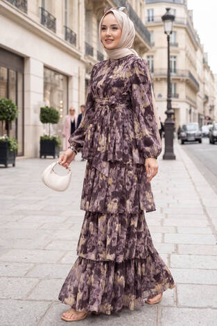 Kuşak Detaylı Yoryo Şifon Elbise Kahve - Thumbnail