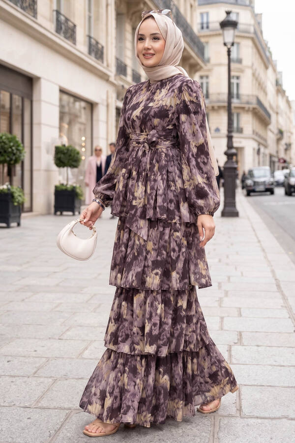 Hl - Kuşak Detaylı Yoryo Şifon Elbise Kahve