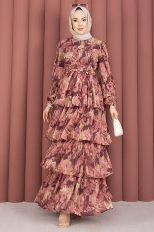 Kuşak Detaylı Yoryo Şifon Elbise Mürdüm - Thumbnail