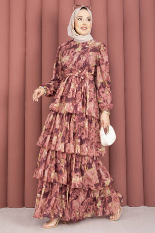 Kuşak Detaylı Yoryo Şifon Elbise Mürdüm - Thumbnail