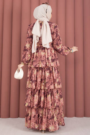 Kuşak Detaylı Yoryo Şifon Elbise Mürdüm - Thumbnail