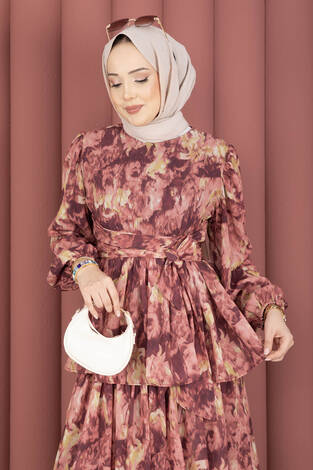 Kuşak Detaylı Yoryo Şifon Elbise Mürdüm - Thumbnail